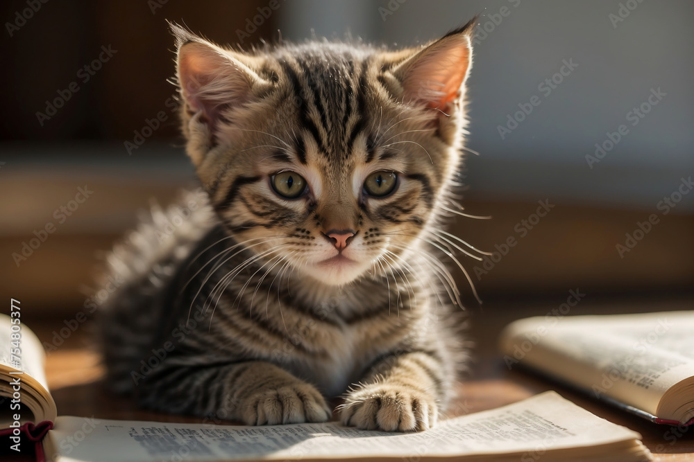 Entzückendes Kätzchen mit strahlenden Augen über einem Buch im Sonnenlicht Entzückendes Kätzchen mit strahlenden Augen über einem Buch im Sonnenlicht