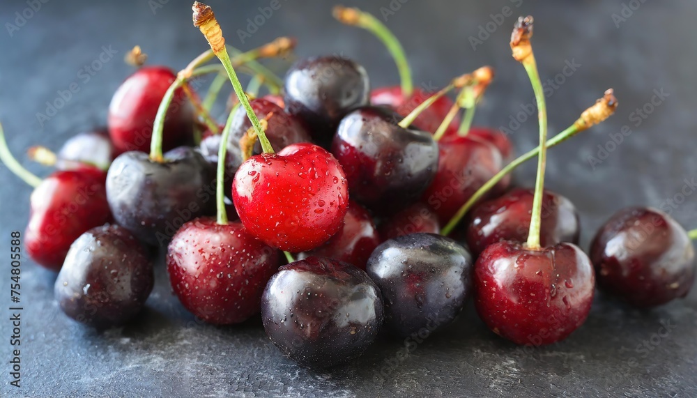 blue berry on a Dark background selective focus blurry background red hot fresh delicious cherries blue berry on a Dark background selective focus blurry background red hot fresh delicious cherries