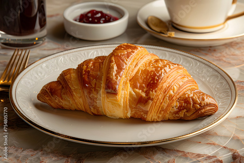 a classic French croissant with a golden  flaky exterior and a soft  buttery interior  served with jam and a cup of espresso