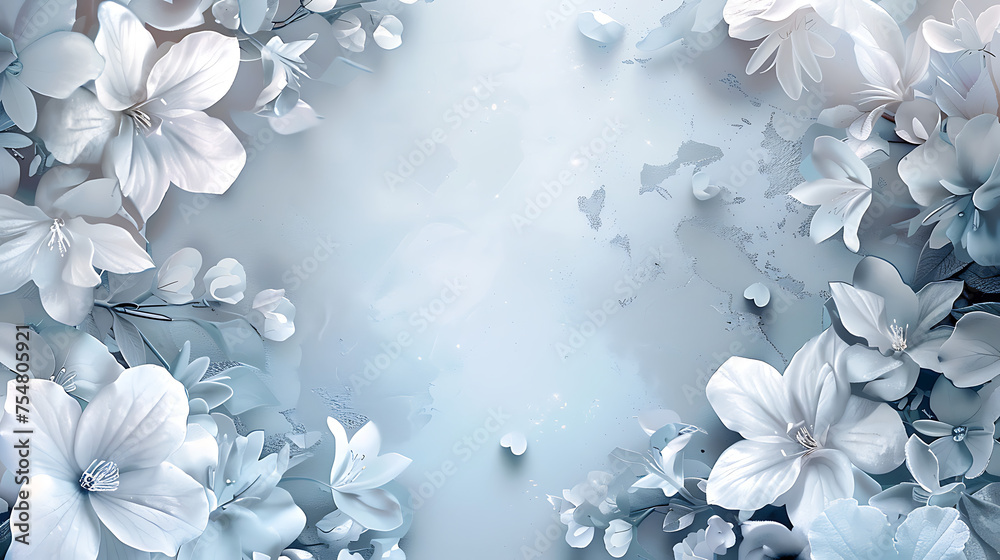 3d render of white flowers on blue background with copy space.