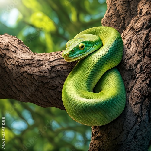 A close-up image of a vibrant green tree python coiled around a tree trunk 
 photo