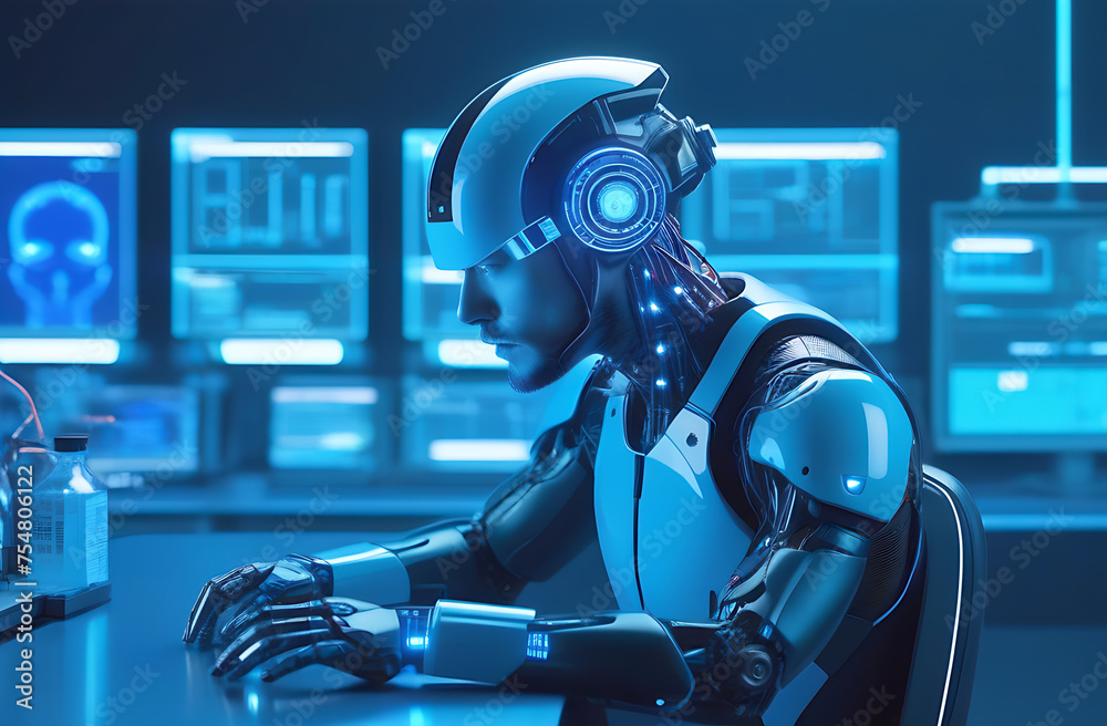 Cyborg robot is an artificial intelligence AI for the development of digital analysis, research and machine learning of the computer brain Cyborg robot is an artificial intelligence AI for the development of digital analysis, research and machine learning of the computer brain