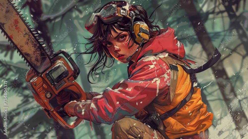 Young girl with a chainsaw. Girl with a chainsaw Young girl with a chainsaw. Girl with a chainsaw