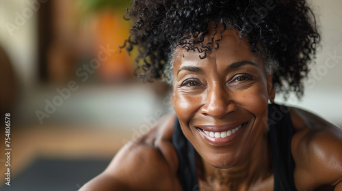 Professional Portrait of an active black African American mature woman smiling and doing fitness pilates at her home gym	
 photo