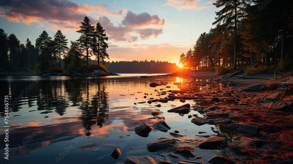 Sunset on the shore of the lake in the forest,
