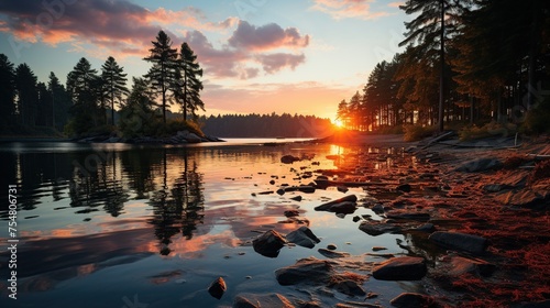 Sunset on the shore of the lake in the forest,