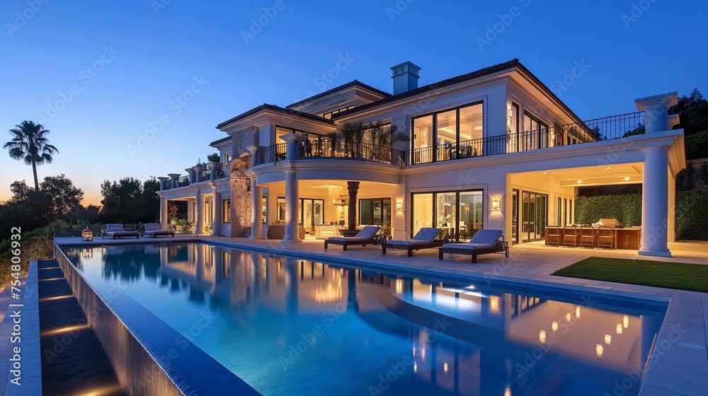 Fototapeta premium A huge white mansion in a hilly neighborhood.