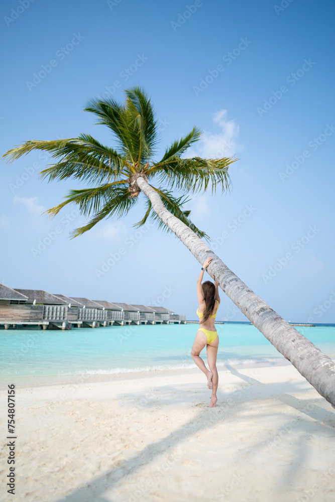 Woman in yellow bikini posing under the coconut trees on tropical beach. Woman in yellow bikini posing under the coconut trees on tropical beach.