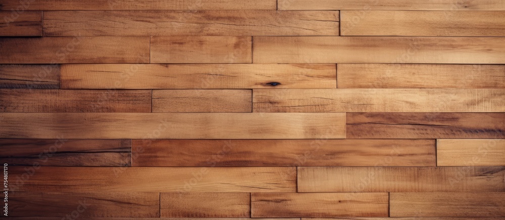 Naklejka premium The image showcases a robust wooden wall meticulously crafted from artificial wood, highlighting the intricate wood grain patterns and solid construction.