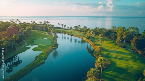 A serene overhead perspective of a charming golf course encircled by vibrant palm trees and shimmering water