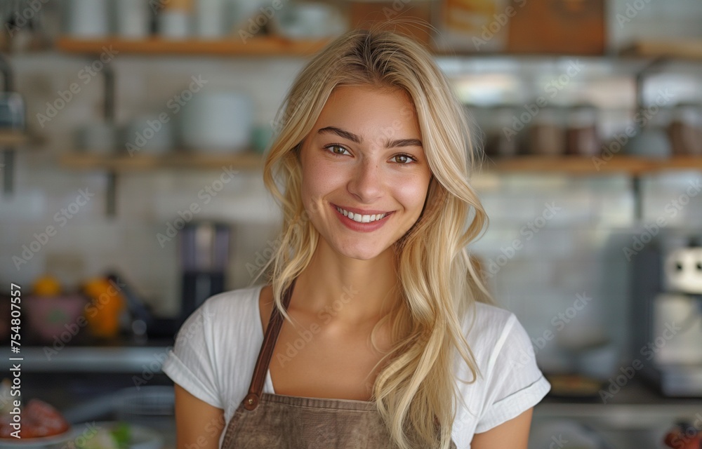 A cheerful young blonde woman in an apron is observing the camera in the cafe kitchen. A cheerful young blonde woman in an apron is observing the camera in the cafe kitchen.