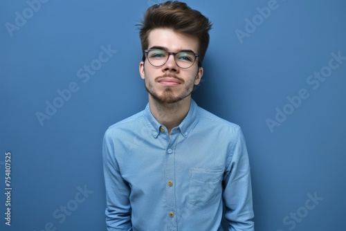 Man With Glasses Standing in Front of Blue Wall. Generative AI © Lukasz Czajkowski