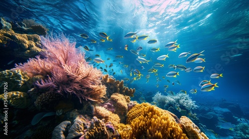 Underwater of sea full color coral and various kinds of fish view on top