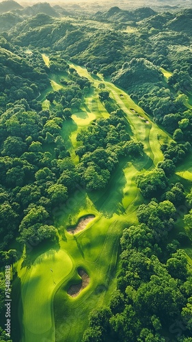 Beautiful Aerial View of a Verdant Golf Course Encircled by Trees and Grass Hills on a Sunny Day