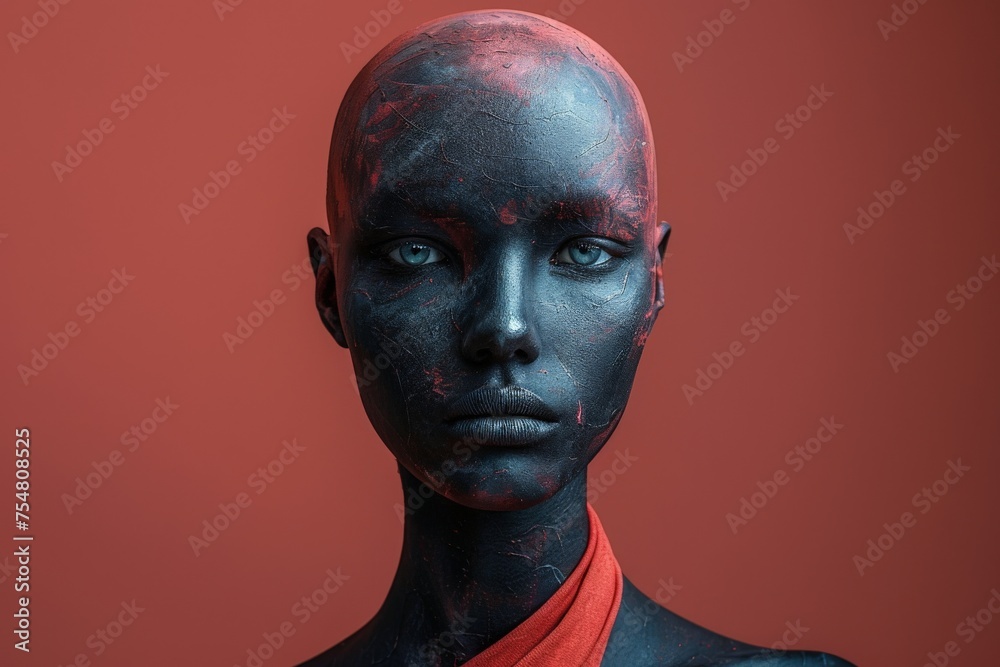 Woman With Black Paint on Face and Neck. Generative AI Woman With Black Paint on Face and Neck. Generative AI