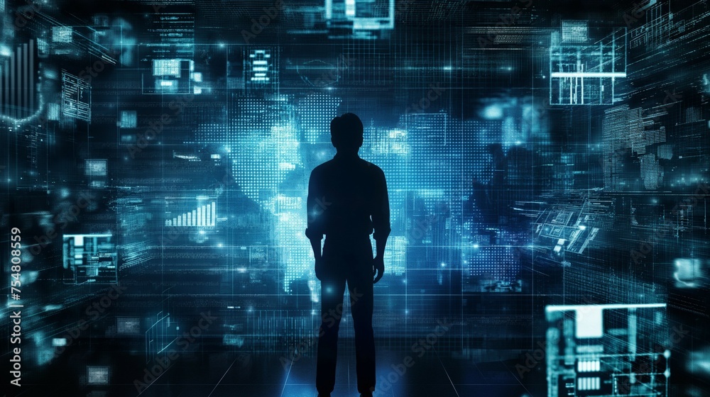 A Person Standing To Advanced Big Data Analytics Screen.