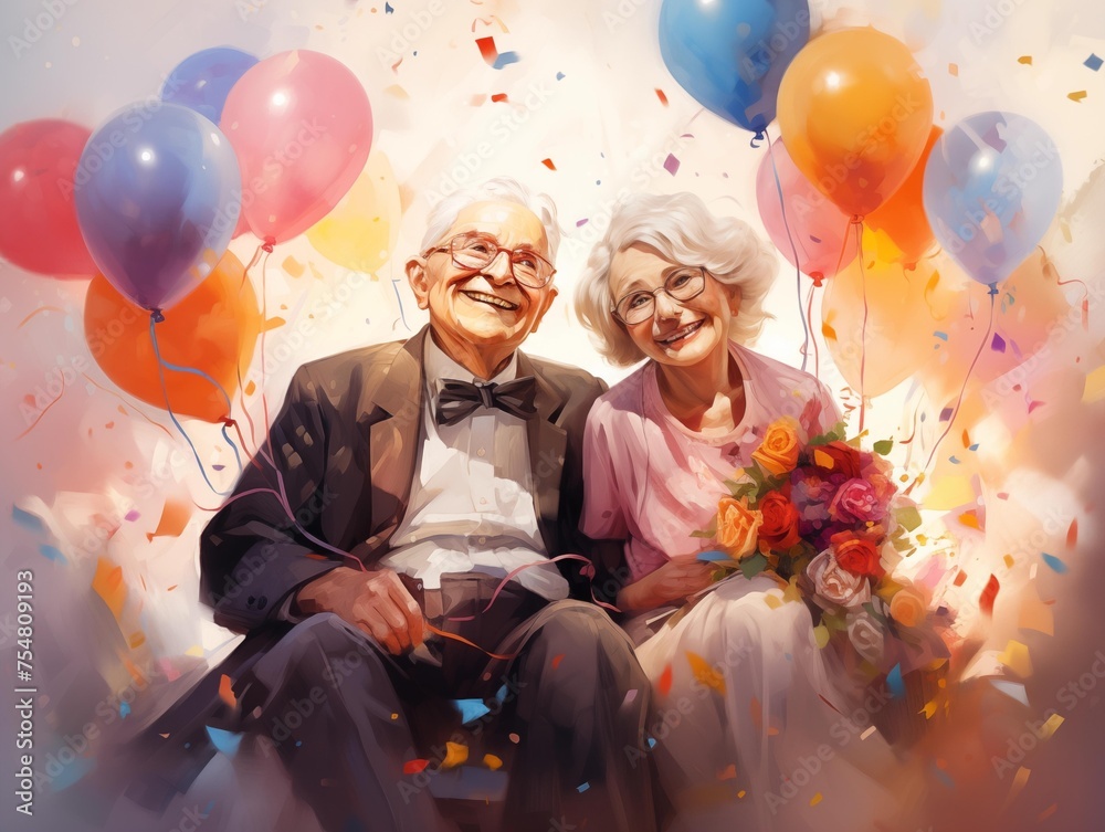 Elderly Couple Celebrating Together with Joyful Balloons