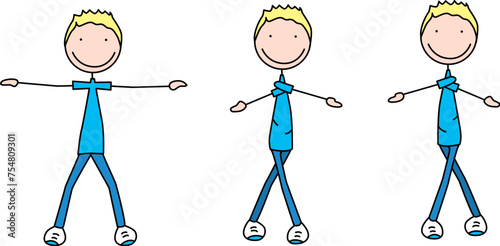 Cartoon vector illustration of a boy exercising - legs and arms crossing