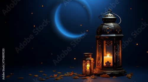 This 3D wallpaper designed for Ramadan and Eid al-Fitr features a lantern against a wall with a moon motif. photo