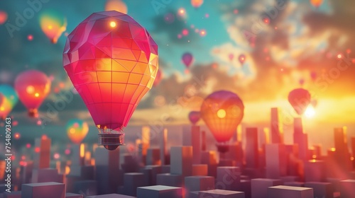 A hot air balloons flying over a city at sunset. 