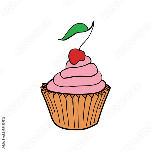Hand drawn doodle cherry cupcake on white background.