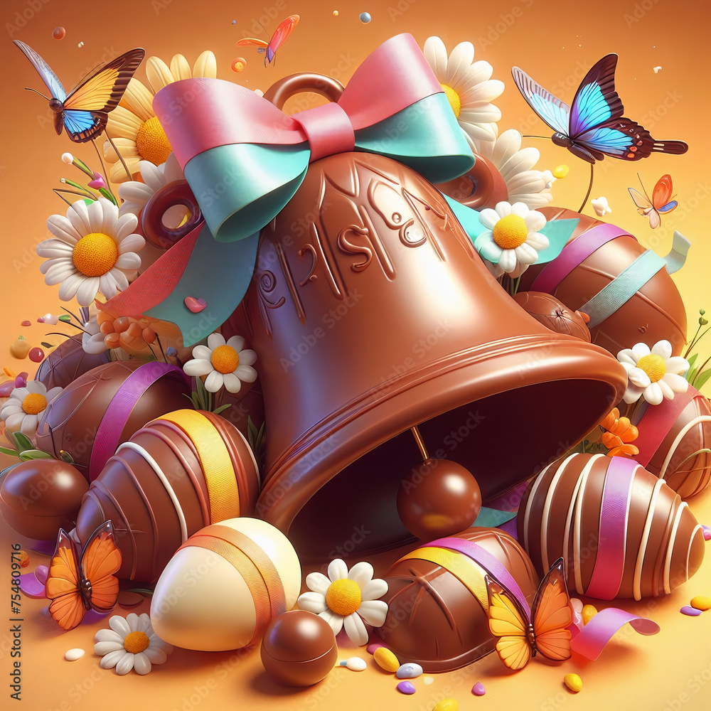 chocolate easter egg and bell with ribbon - obrazy, fototapety, plakaty 