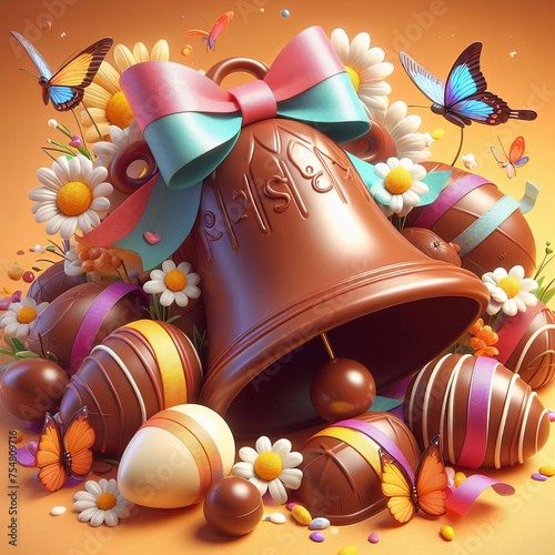 chocolate easter egg and bell with ribbon © M.studio
