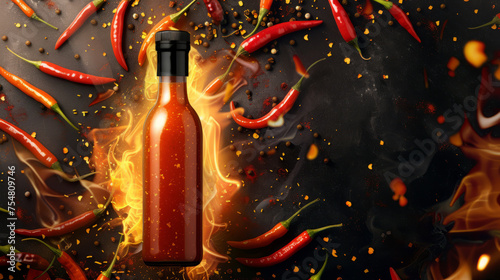 Dramatic image of a hot sauce bottle surrounded by chili peppers and flames, symbolizing intense heat