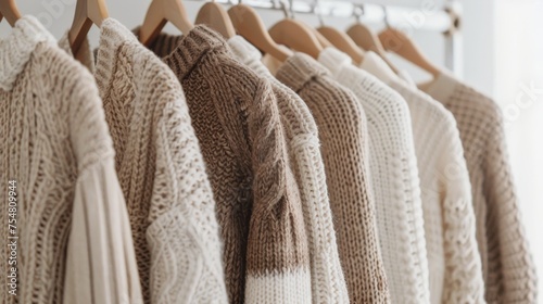 Stylish modern women neutral color sweaters hanging on a rack