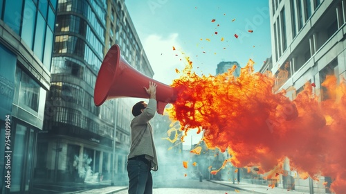 A Person Holding Megaphone And Colorful Splashes Out Of It. The Power Of Words In Marketing Promotion Concept.