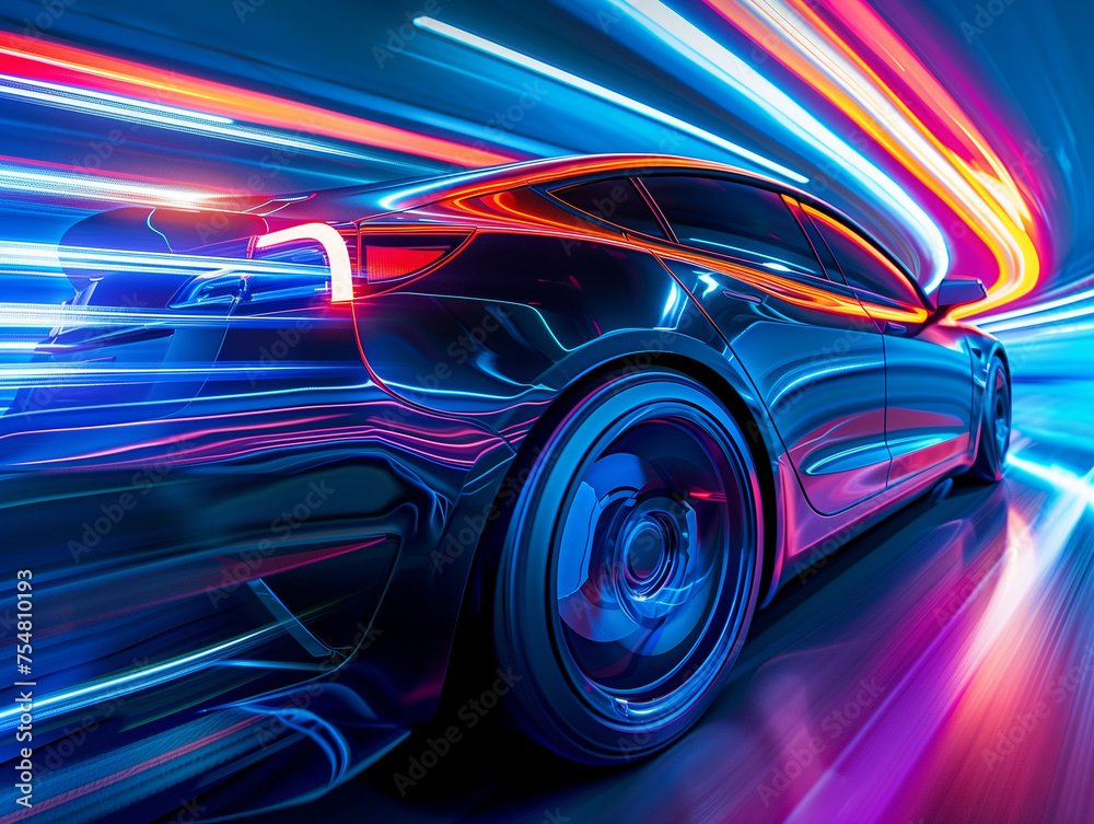 Electric car - overtaking you in a tunnel of neon lights in motion blur