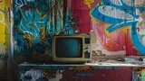 Vintage television in a graffiti-covered room, retro media concept, excellent for nostalgic design campaigns
