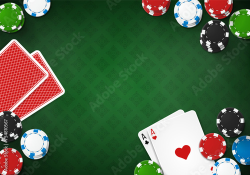 Poker table with cards and chips. Vector illustration.