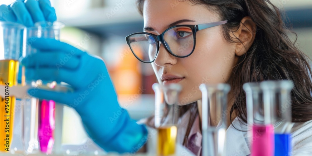 A young female scientist intently analyzes colorful liquid samples in a laboratory, representing research and development. A young female scientist intently analyzes colorful liquid samples in a laboratory, representing research and development.