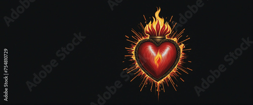 The Sacred Heart, a burning heart on a black background with copy space