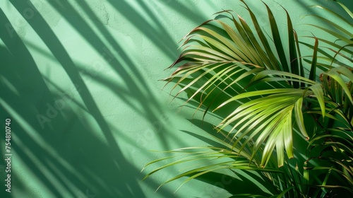 Tropical palm leaves with shadow on green background.