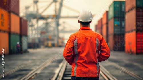 Back view of a worker in safety gear overlooking a vast array of shipping containers in an industrial port.