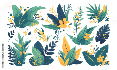 tropical floral illustration set with green leaves, Generative AI