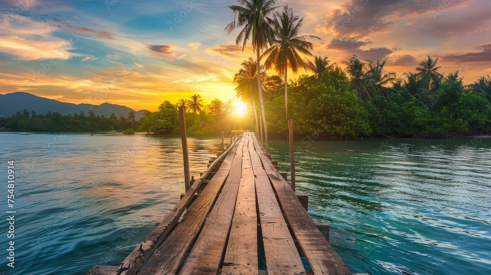 View of wooden bridge at sunset in tropical island, beautiful sunset