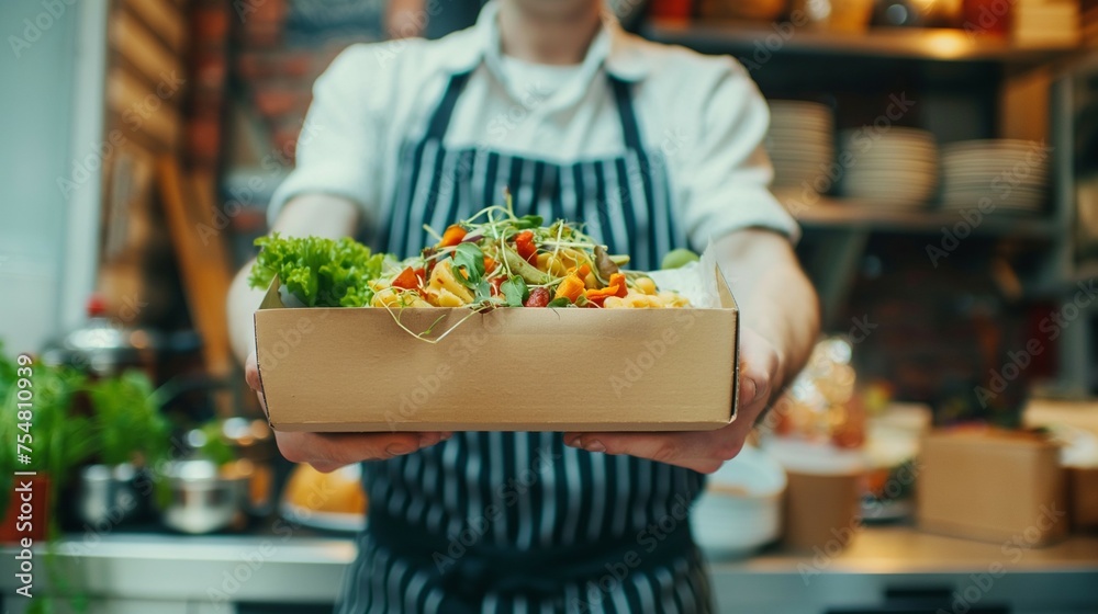 Fototapeta premium A woman holding a paper box of vegetable salad.