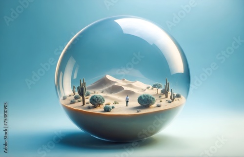 a person standing inside a transparent balloon, which contains a miniature desert landscape