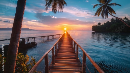 View of wooden bridge at sunset in tropical island, beautiful sunset © Media Srock