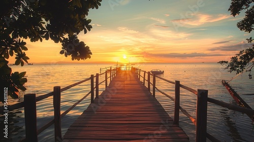 View of wooden bridge at sunset in tropical island, beautiful sunset
