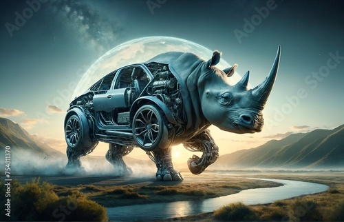 a rhinoceros fully covered by a car chassis © Meeza