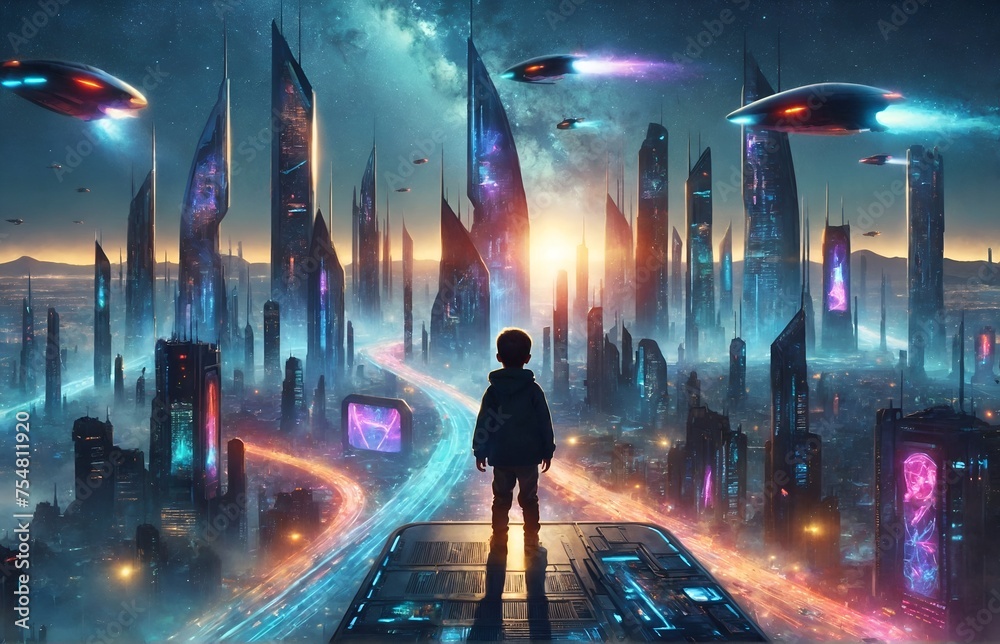 a child peering into a futuristic world from a high vantage point
