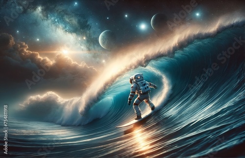 an astronaut surfing cosmic waves photo