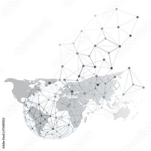 Black and White Global Networks Concept with World Map and Wire Frame - Digital Polygonal Network Connections, Science and Technology Background, Creative Design Template Isolated on White Background