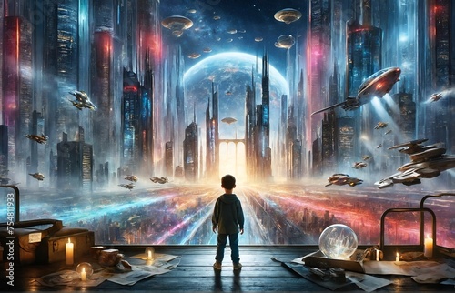 a child peering into a futuristic world from a high vantage point