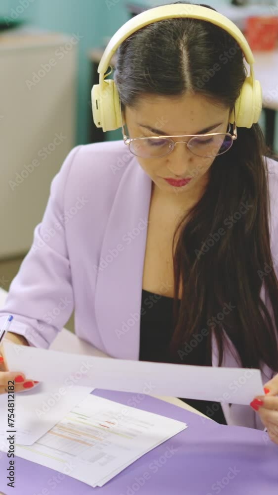 Concentrated woman reading a financial report in a coworking space Concentrated woman reading a financial report in a coworking space
