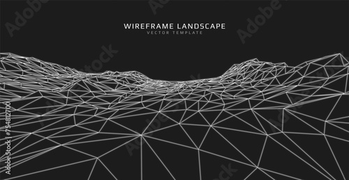 Wireframe landscape. Futuristic 3d mesh background. Digital polygonal hills technology. Vector illustration.
